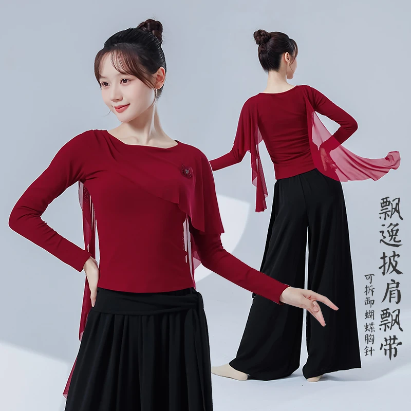 现代舞当代练功服女新款拼接网纱仙气飘逸不规则上衣形体舞蹈服装