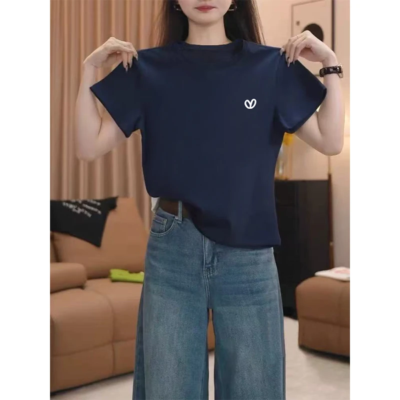 正肩圆领短袖t恤女装2025新款时尚百搭洋气藏青色上衣打底衫夏季