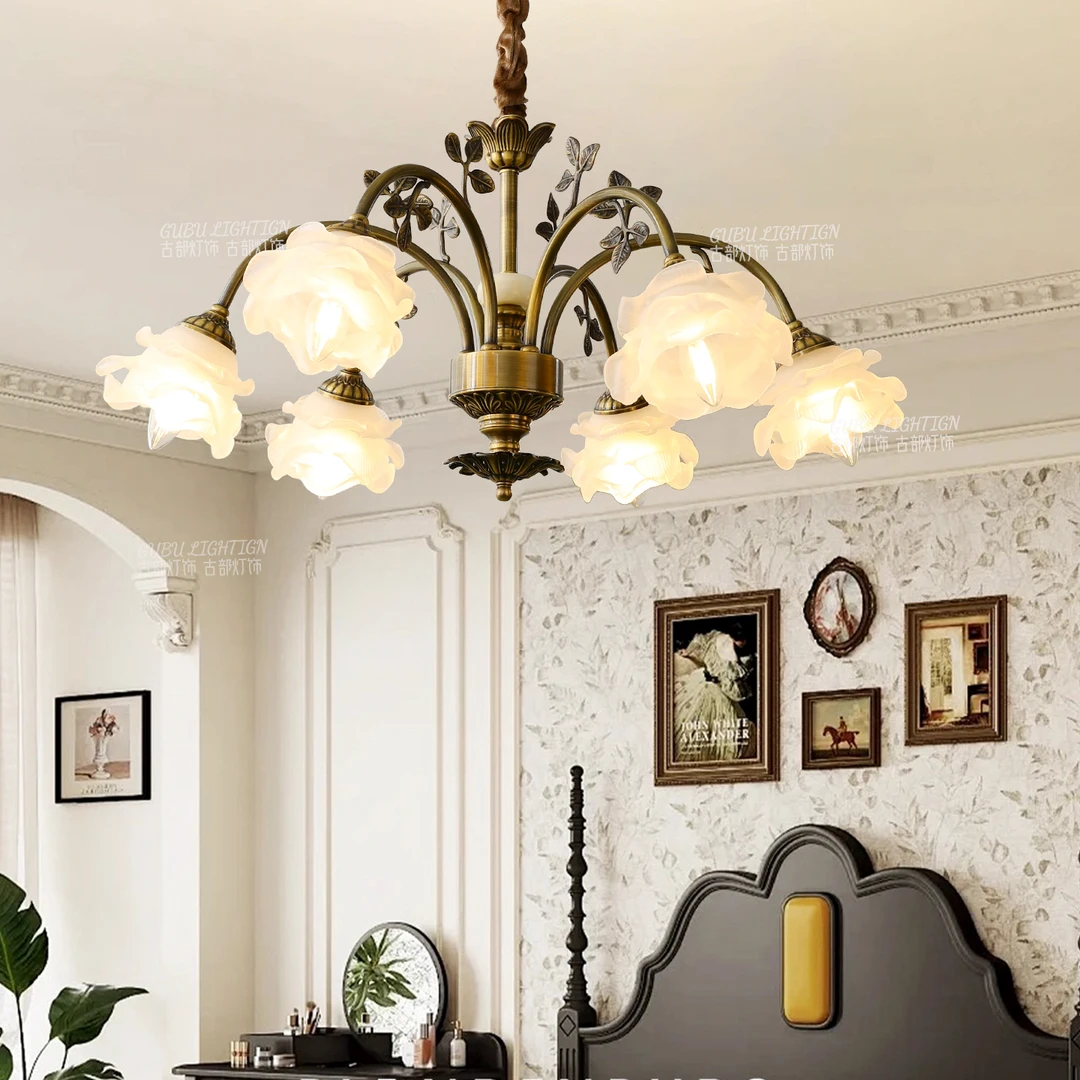 法式复古全铜花朵吊灯卧室餐厅中古田园风浪漫温馨书房客厅吊灯