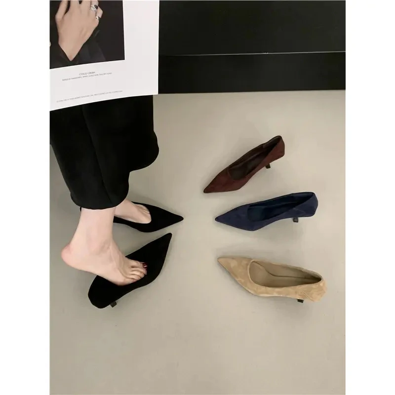 尖头高跟鞋女细跟2025春秋新款韩版通勤气质仙女风绒面晚晚单鞋子