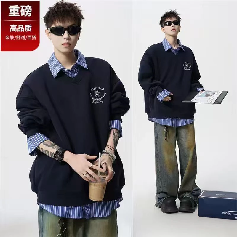 港风假两件翻领卫衣男春秋季新款休闲重磅大码宽松百搭长袖上衣服