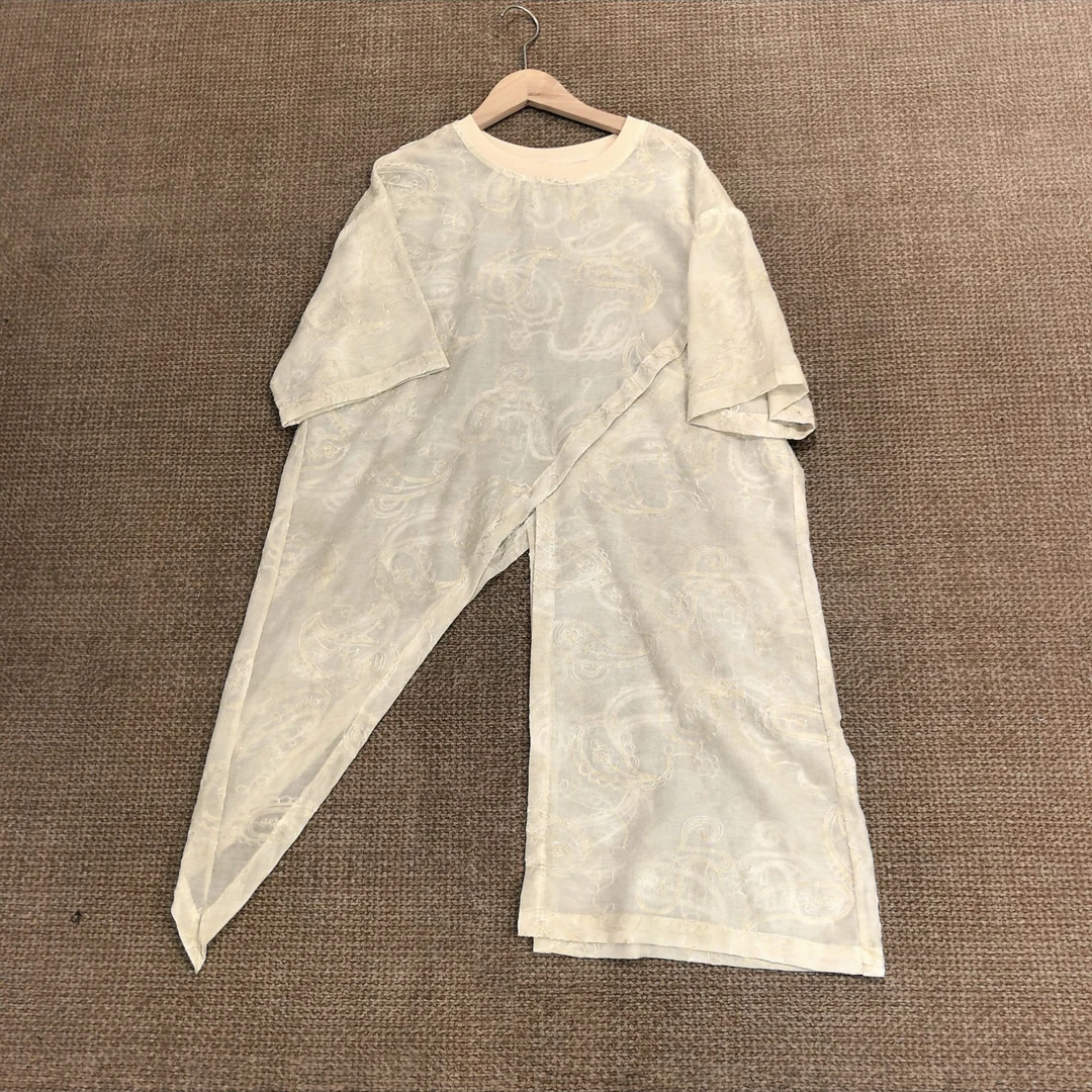 UpSd 原创【有时乘风有时沉没】长款开叉短袖T恤宽松不规则提花百搭