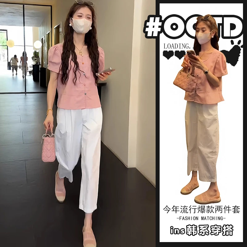夏天穿搭一整套设计感泡泡袖衬衫九分休闲哈伦裤女装时髦洋气套装