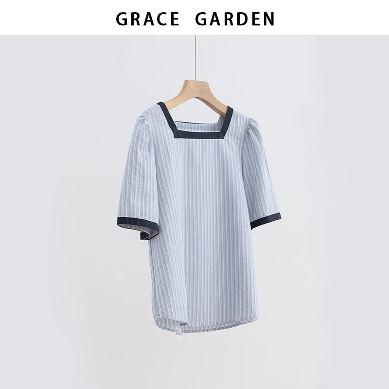 GRACE GARDEN【小方条纹！】方领撞色边竖条纹衬衫NCY5D1804