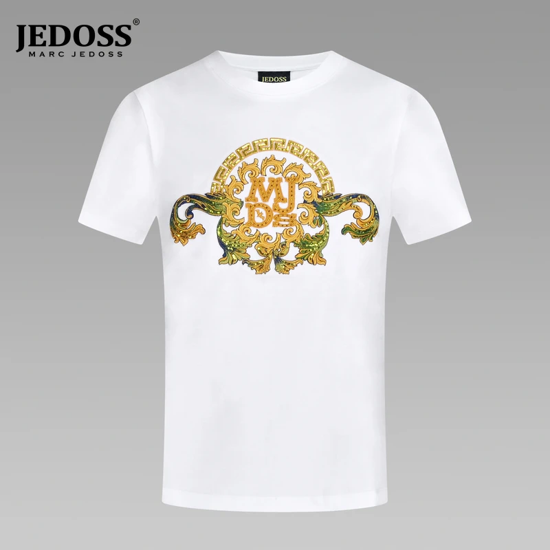 JEDOSS/爵迪斯2025修身新款半袖LOGO字母烫钻刺绣短袖T恤白色M306