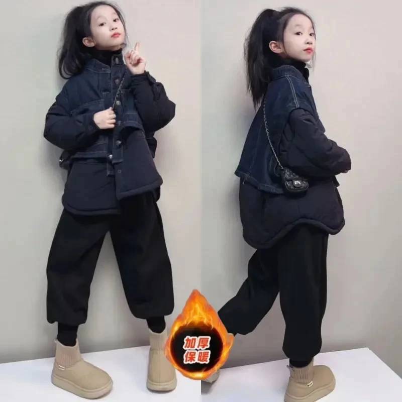 女童冬装牛仔风拼接棉服新款儿童加厚假两件外套加绒哈伦裤套装