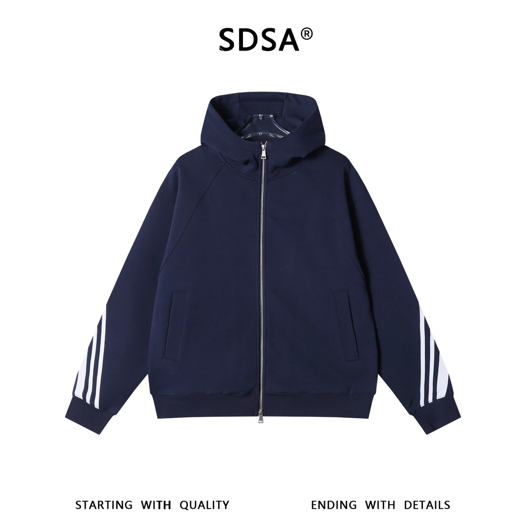 SDSA男士秋冬新款痞帅男装简约时尚撞色织带拉链连帽卫衣百搭宽松