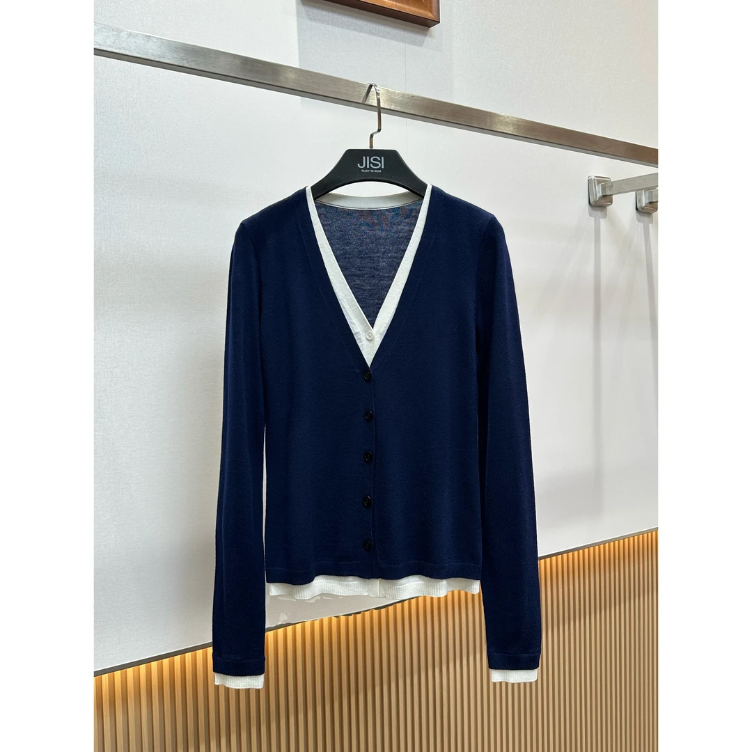 JISI  早秋V领假两件针织上衣-MZ25499A