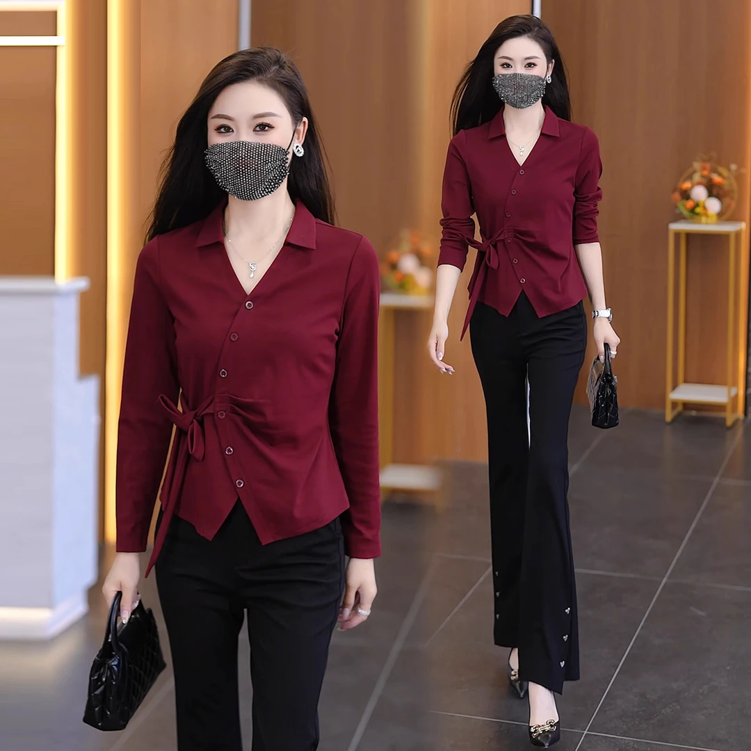 时尚洋气V领T恤女2025早秋新款设计感小众宽松显瘦百搭打底衫上衣