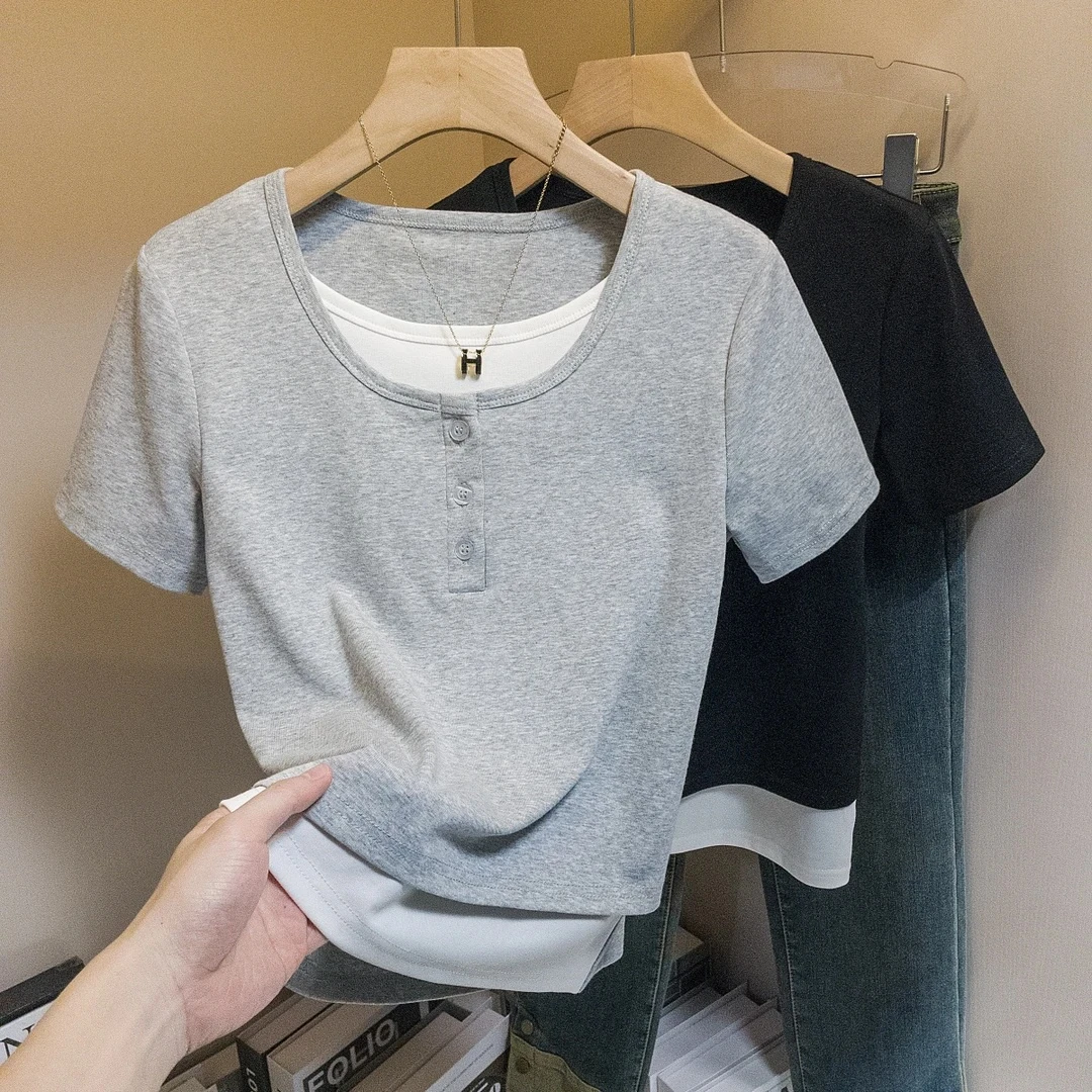 Aimeerosa/艾洛莎微胖妹妹大码显瘦宽松假两件短袖t恤上衣打底衫