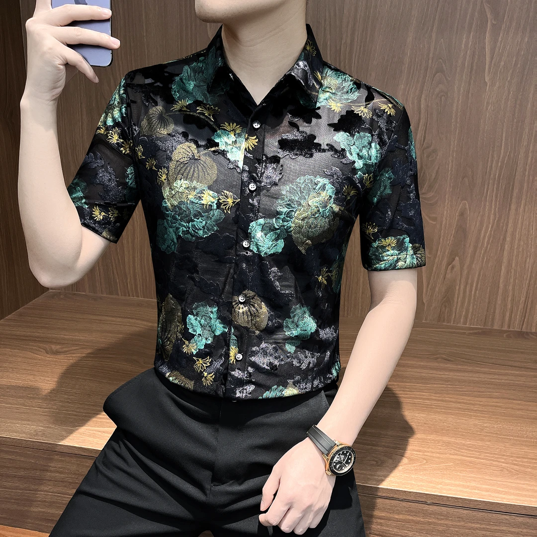 植绒网纱花衬衫男短袖秋季薄款网红洋气炸街男装痞帅碎花男士衬衣