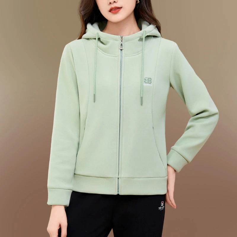 女士秋冬休闲外套洋气高档连帽开衫妈妈加绒加厚款摇粒绒抓绒卫衣