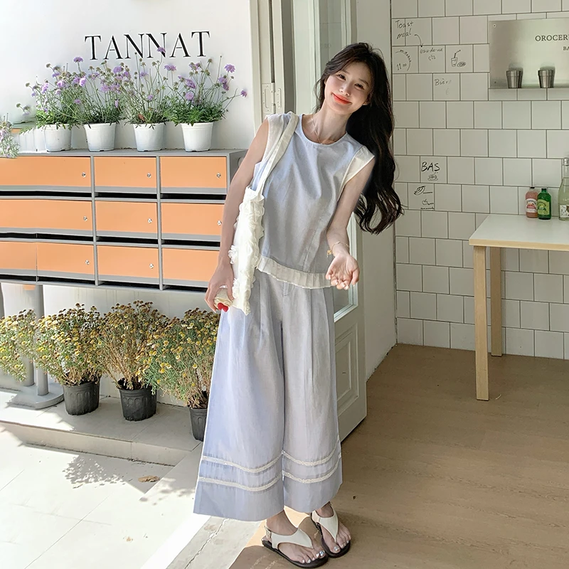 浅蓝色小香风马甲阔腿裤套装女2025夏季新款时尚高腰减龄高级感潮