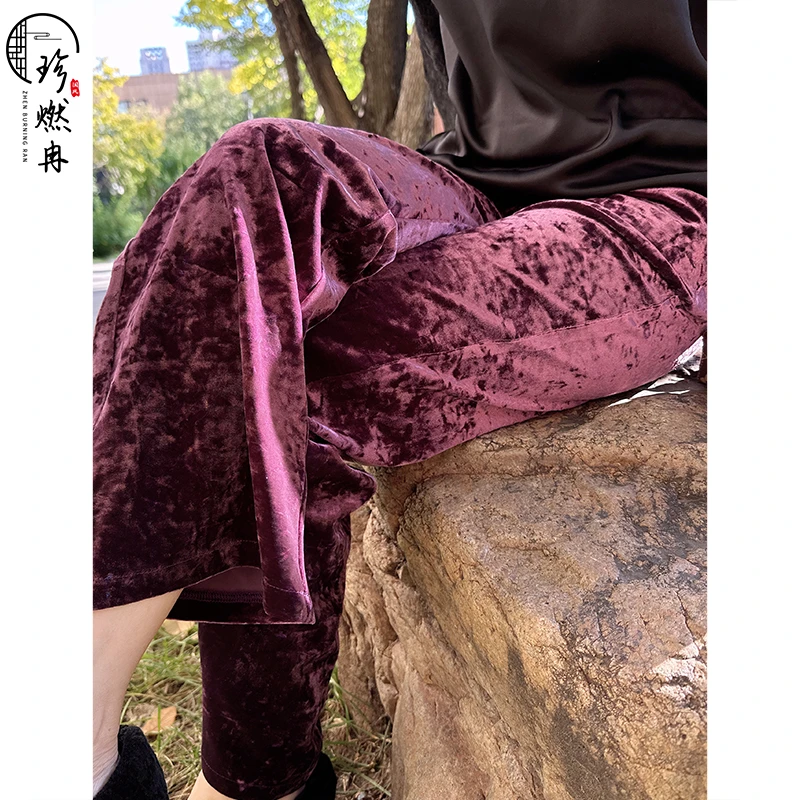 【珍珍女装】丝绒纯色高腰复古休闲时尚新中式百搭阔腿裤93154