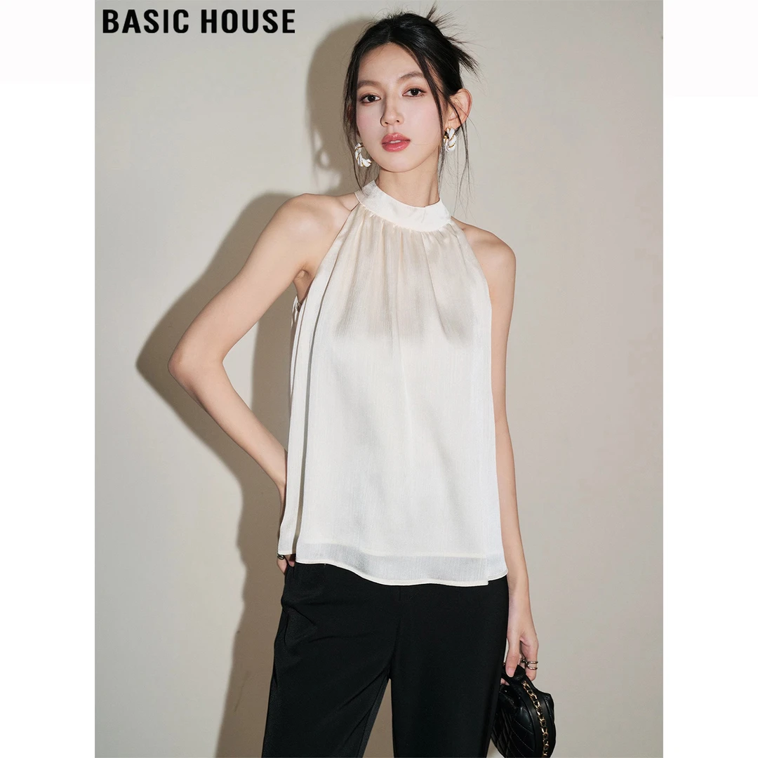 Basic House/百家好挂脖无袖吊带背心女外穿内搭法式气质露肩上衣