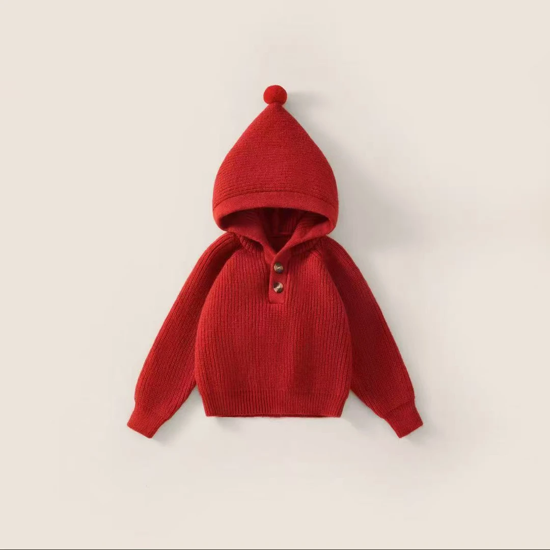 男女宝2024洋气红色连帽新年毛衣拜年服针织毛衣宝宝童装上衣