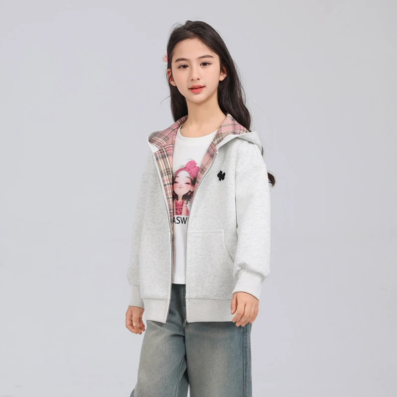 1714女童外套儿童春款中大童女孩洋气时髦连帽休闲春秋款撞色上衣