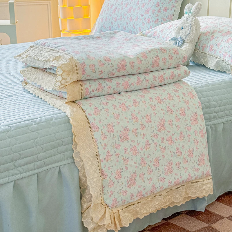 【床盖款】法式花边夏被四件套韩版小碎花空调被薄款绗缝夏凉被被子
