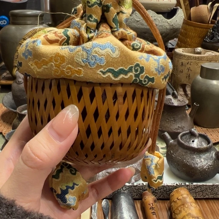 云锦竹编杯篓收纳袋