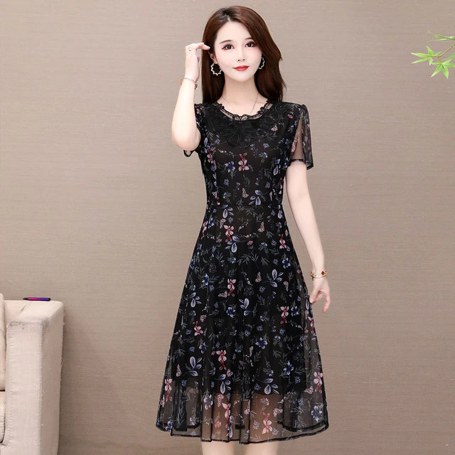 中老年夏装连衣裙女装2025新款时尚圆领显瘦妈妈装中长款花色裙子