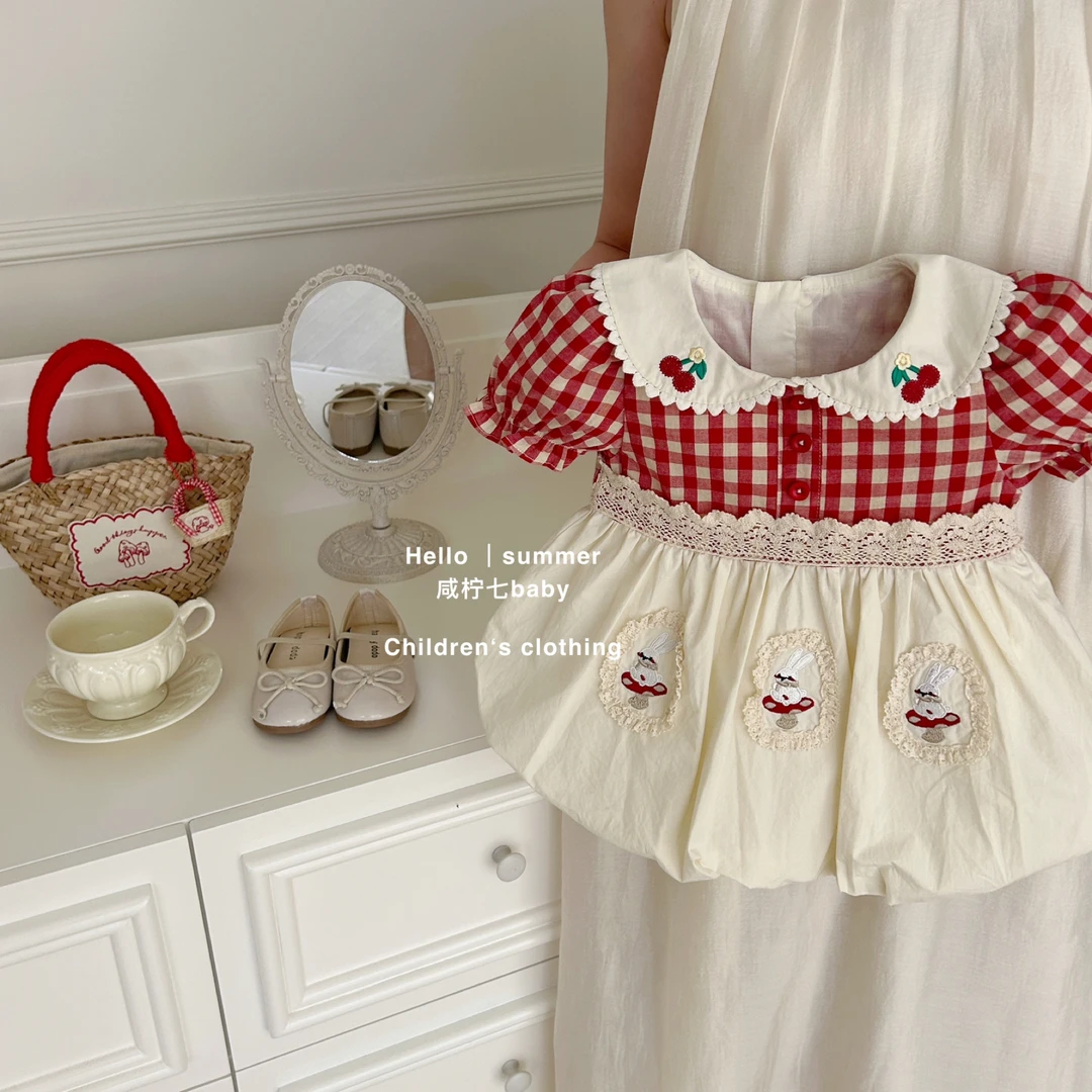 【咸柠七】女童连衣裙夏季宝宝娃娃领短袖公主裙儿童夏装可爱裙子