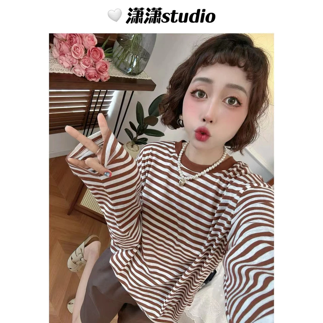 【条纹防晒】【面料超薄】【慵懒舒适】潇潇雪花棉条纹防晒T恤XY0008