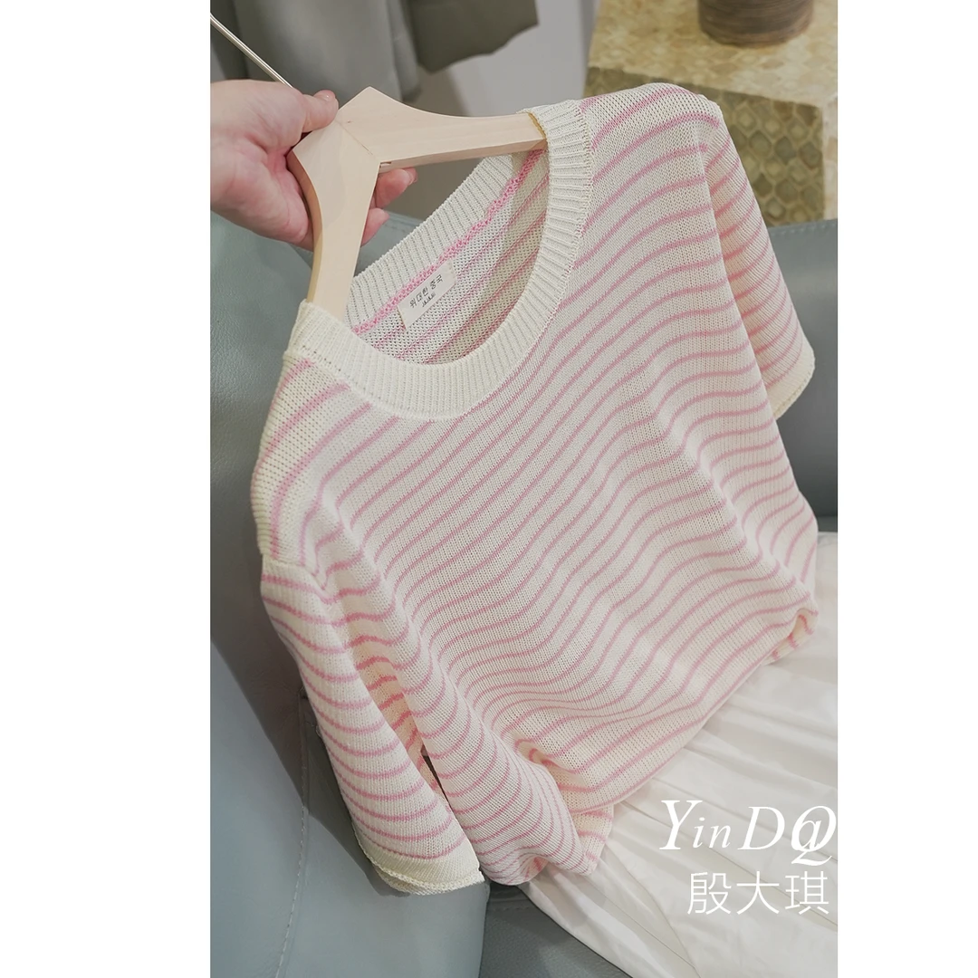 浅夏 粉条纹~圆领针织衫短袖撞色设计显瘦T恤上衣女1875