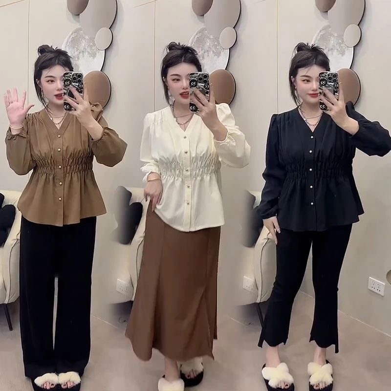 胖MM百搭V领长袖衬衫女春秋简约韩版收腰显瘦遮肚上衣