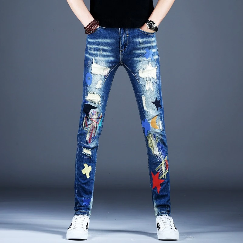 春季新款破洞牛仔裤男士美式休闲男裤子修身小脚舒适补丁长裤潮牌