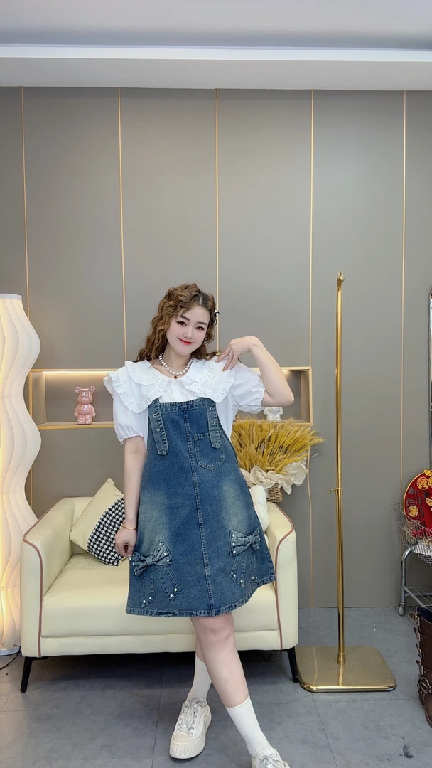 2507大码胖mm新款夏季重工亮钻蝴蝶结牛仔裙连衣裙减龄两件套