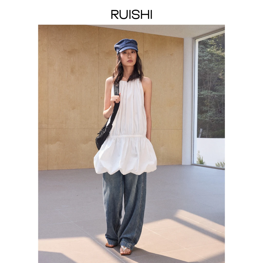 RUISHI芮时俏皮抽褶设计无袖挂脖度假风连衣短裙女夏R25B131201