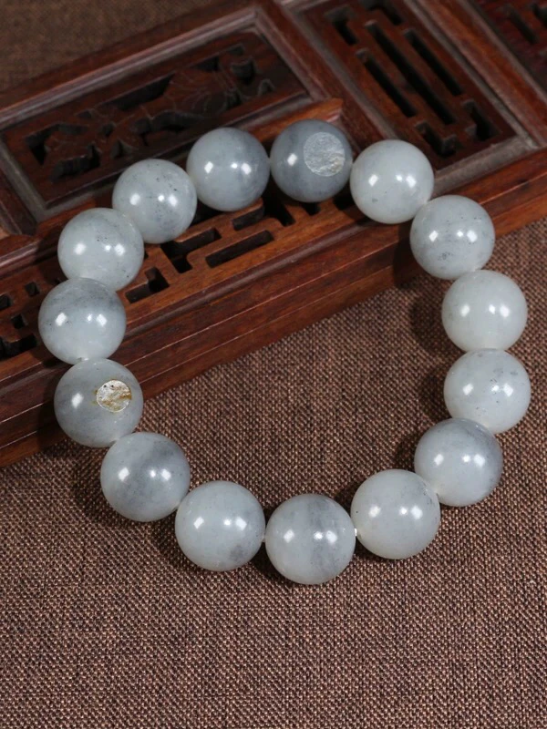 13.5mm和田白玉青花天然玉石手串男女圆珠手链 保真百搭素圈单圈