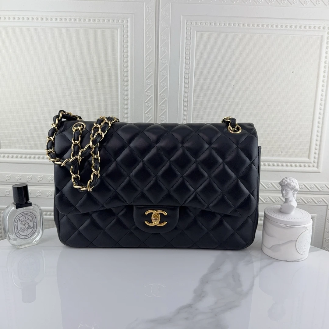 99新 Chanel/香奈儿 黑金羊皮Cf 大号 Jumbo双盖链条包二奢包包