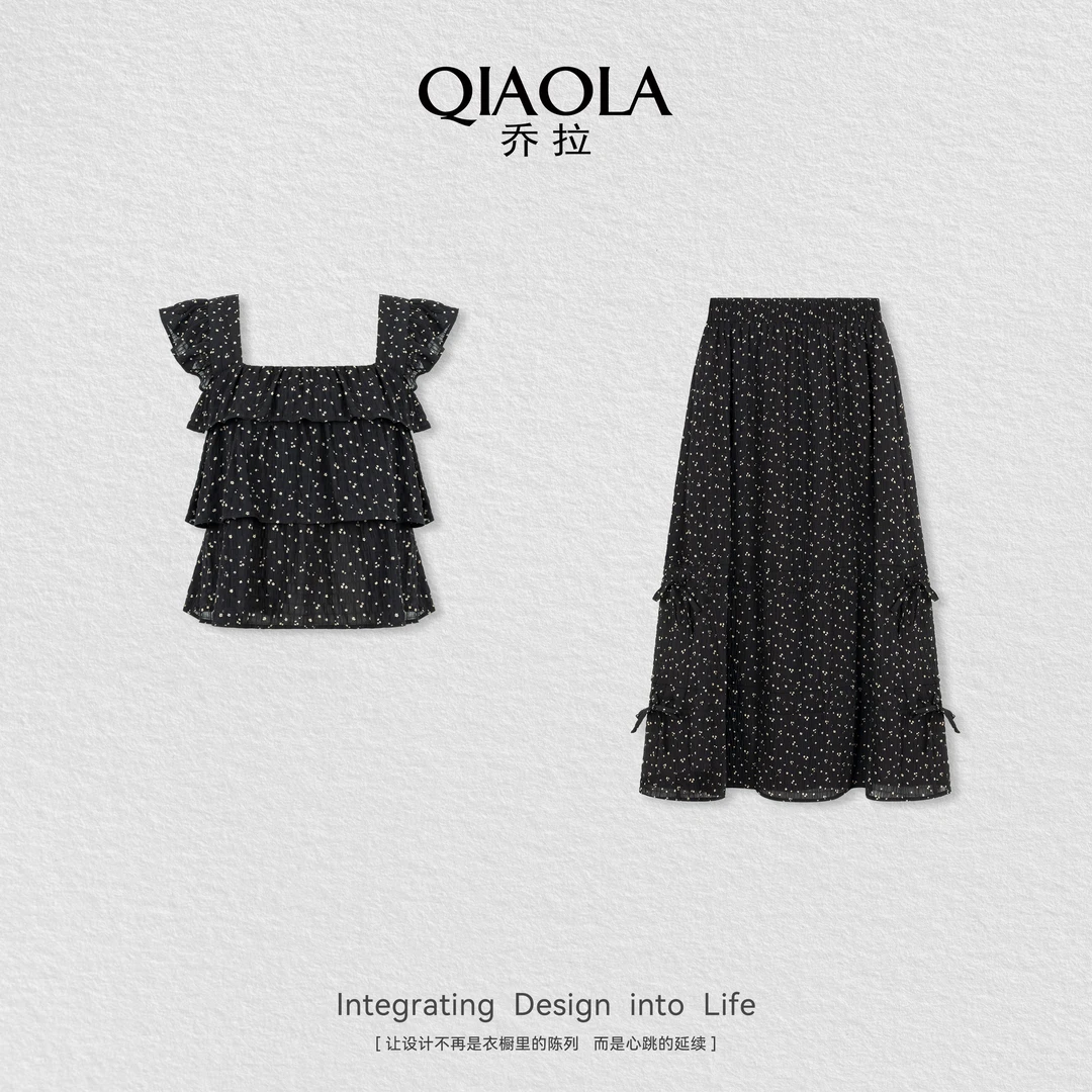 QIAOLA/乔拉【黑糖华尔兹】夏季新款梭织复古方领显瘦百搭套装预售