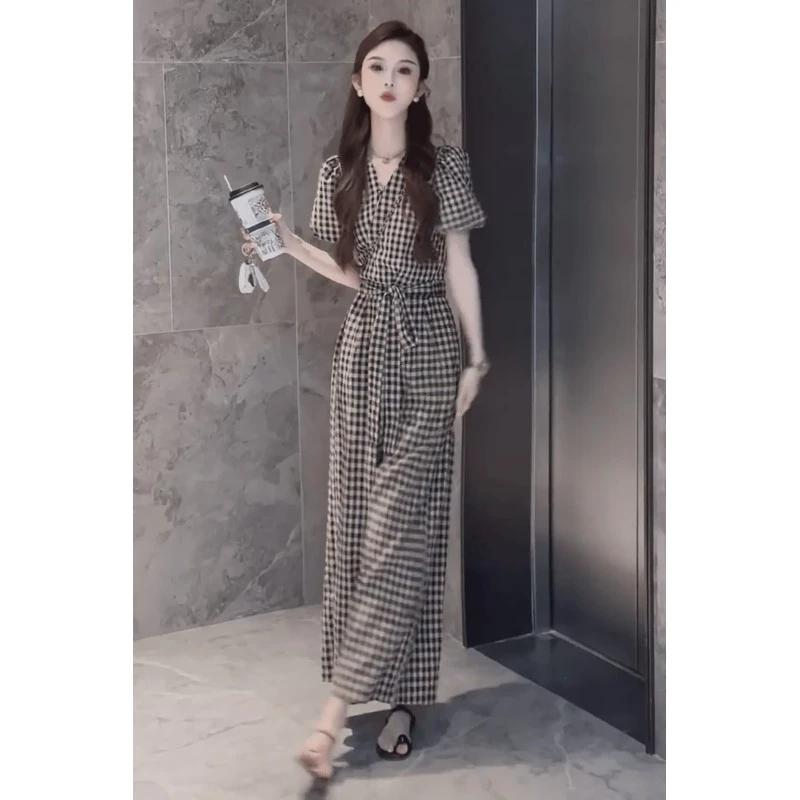2025夏季新款设计感小众格子交叉上衣搭高腰休闲阔腿裤两件套女装