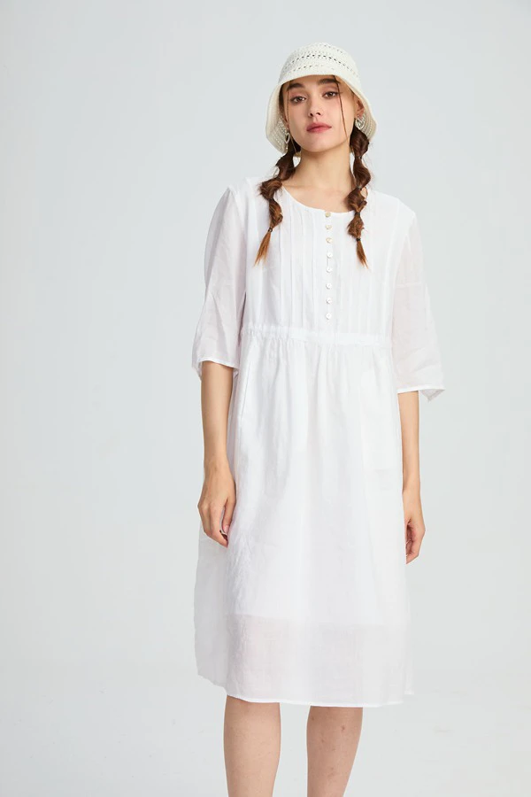 水淼新款0783时尚休闲夏季宽松简约纯色苎麻连衣裙