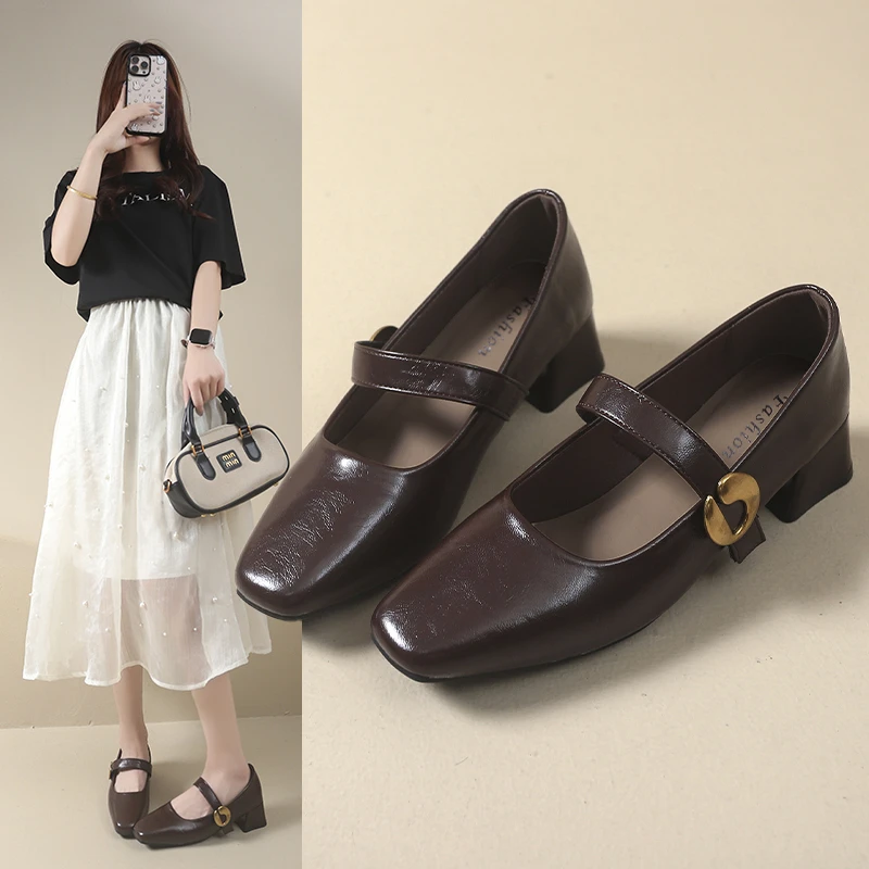 法式气质中肯浅口玛丽珍女鞋2025新款复古软皮单鞋小方头粗跟百搭