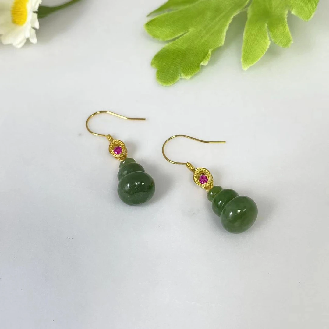 Y00M29【一阳珠宝】和田玉碧玉葫芦高跟耳钩【约12*9mm】多样性发一