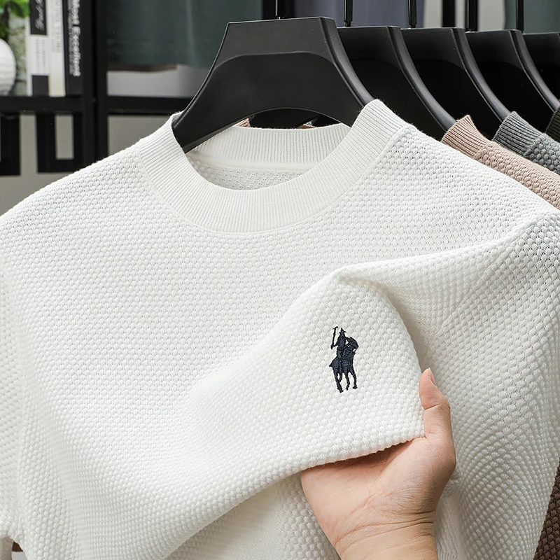 100%纯棉保罗短袖t恤男夏季圆领纯色半袖打底衫菠萝纹潮流上衣男