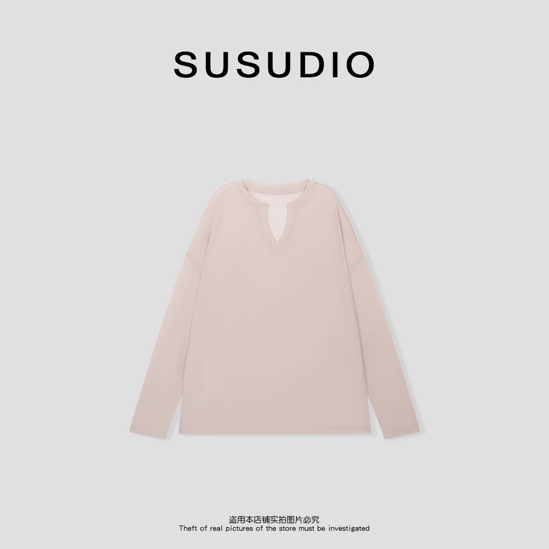 SUSUDIO② 莱赛尔 夏季V领薄款宽松慵懒防晒长袖罩衫T恤 10481