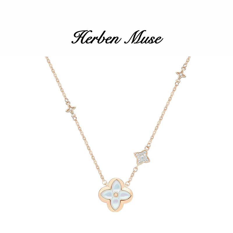 HERBEN MUSE 合金项链 老花镶嵌白色菱形四叶草套链时尚美观项链