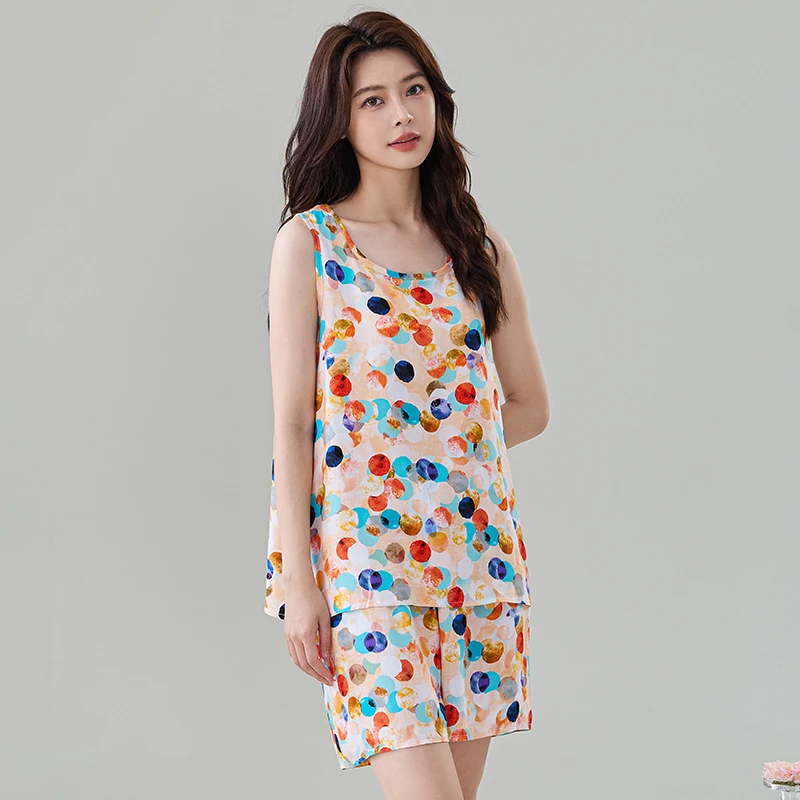 A字版甜美无袖背心短裤两件套夏季棉绸睡衣女套装休闲家居服夏装