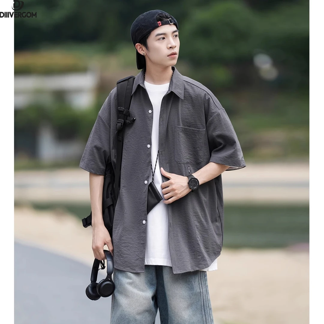 DIIIVERGOM工装短袖衬衫男士夏季日系慵懒风翻领复古轻奢百搭衬衣