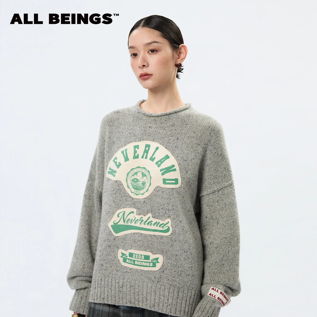 ALL BEINGS【丁程鑫同款】百搭灰色粗针贴布绣花灰圆领慵懒风毛衣