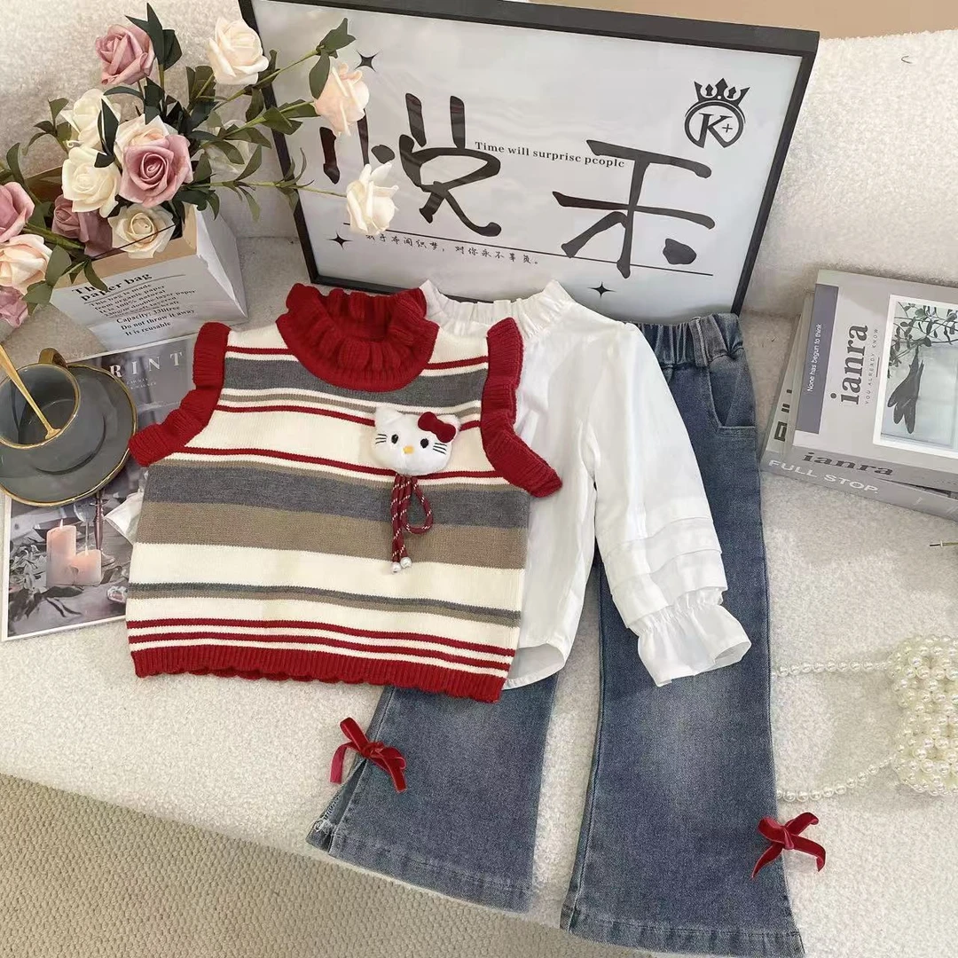 T2女孩新款秋款红色毛衣套装甜美新款女宝韩版洋气长袖套装7590