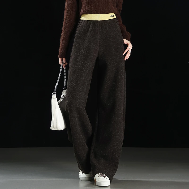 撞色毛呢弯刀裤女秋冬2025新款高腰直筒阔腿裤宽松窄版镰刀香蕉裤