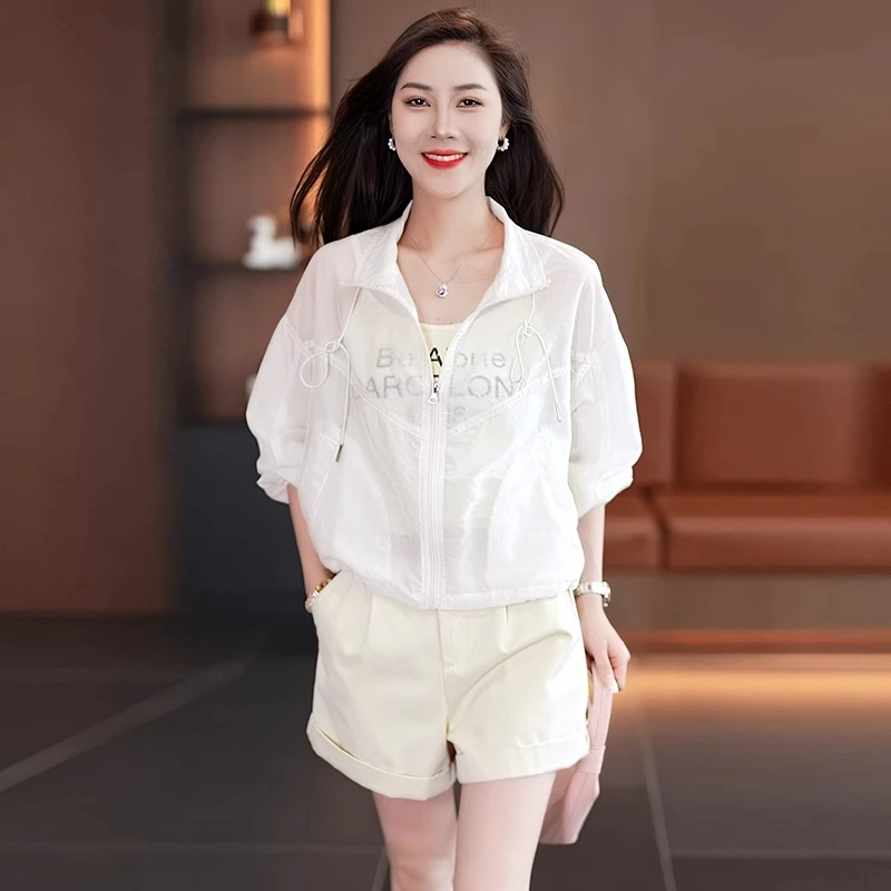 时尚休闲洋气防晒外套短袖短裤三件套女夏季新款宽松显瘦时髦套装