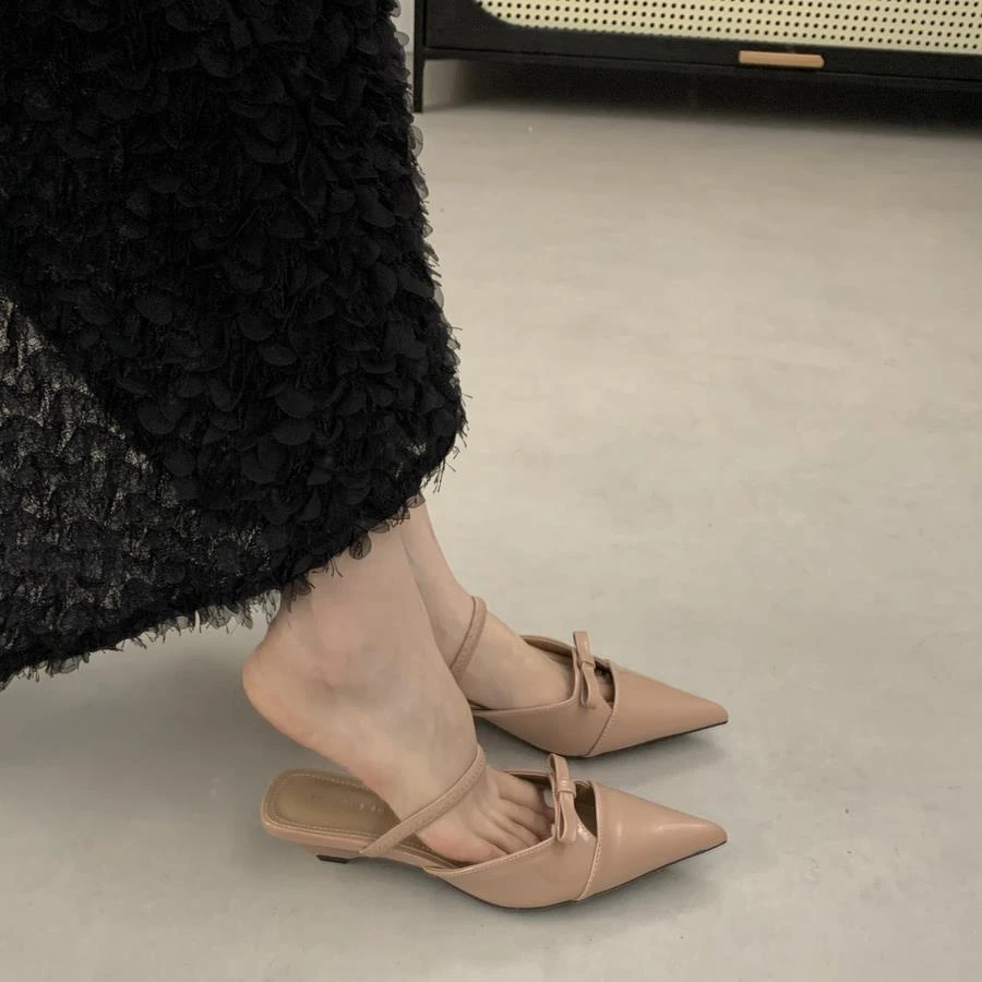 法式绝美蝴蝶结包头半拖鞋女夏外穿一脚蹬小跟鞋两穿法凉鞋女