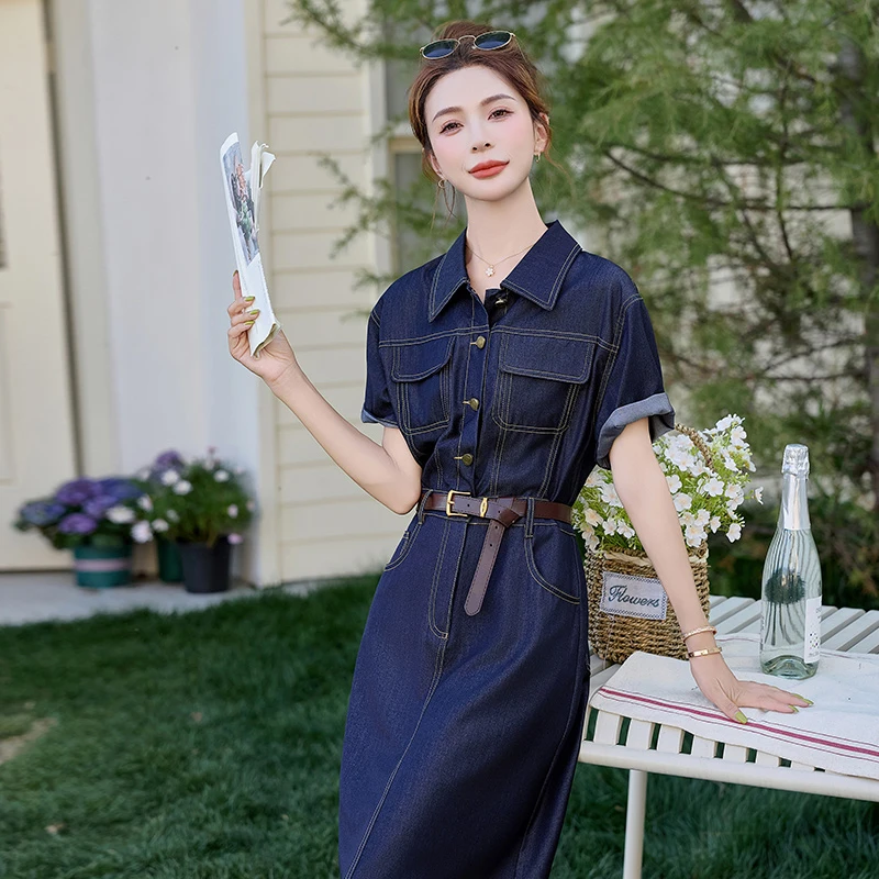 天丝牛仔连衣裙女中长款2025夏款韩版复古翻领收腰显瘦休闲衬衫裙