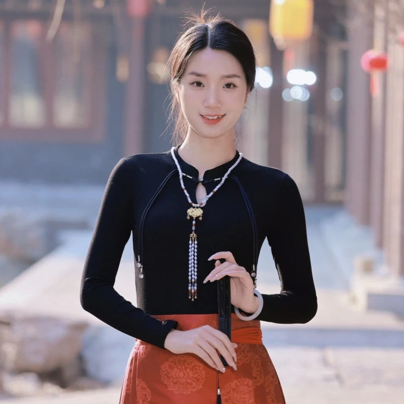 【苏白】【敦默】针织上衣国风时尚显瘦衣服汉元素黑色毛衣女款